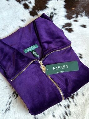 Purple Velvet Jacket Large Lauren Ralph Lauren Zip Up Velour Athleisure NWT